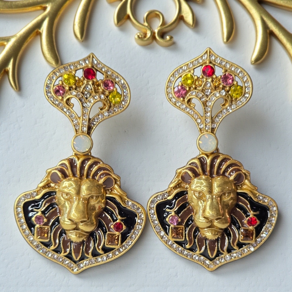 Royal Regal Gold Lion Head Jeweled Crystal Dangle Earrings